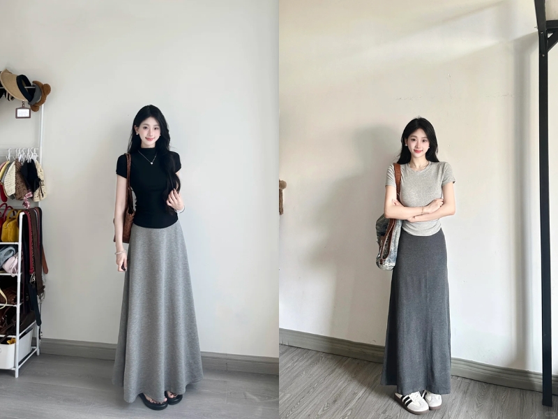 Phối đồ với chân váy chữ A dài và babytee
Chân váy chữ A dài phối áo thun ôm tôn dáng
