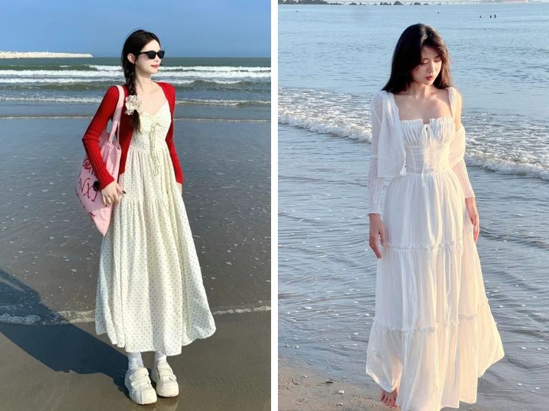 váy maxi trắng và cardigan