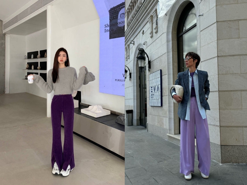 outfit quần tím và áo xám