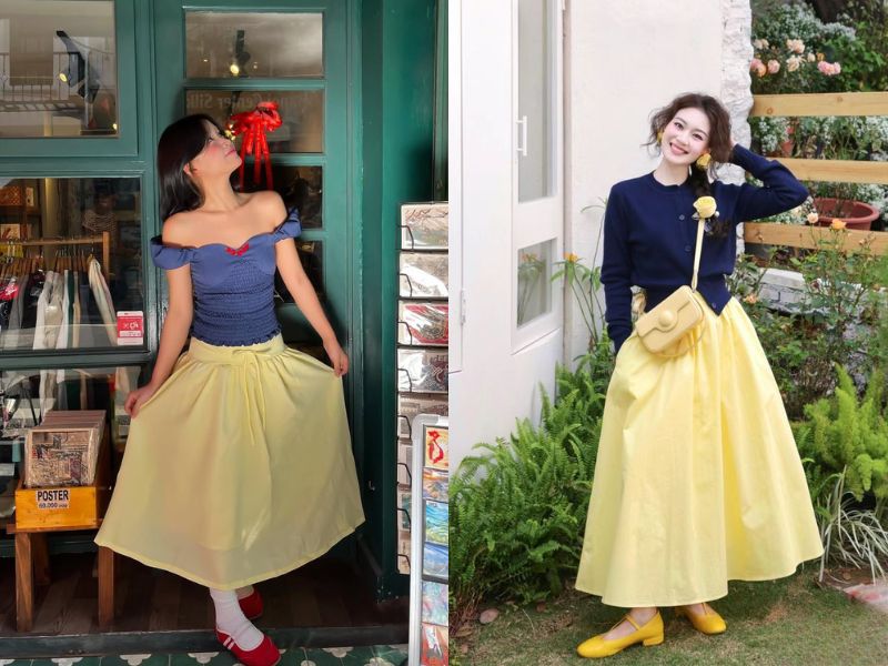 set đồ cá tính với chân váy vàng và áo xanh than