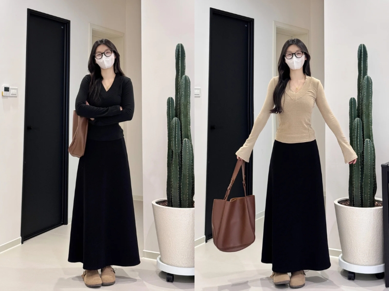 Chân váy chữ A dài phối áo ôm tay dài
