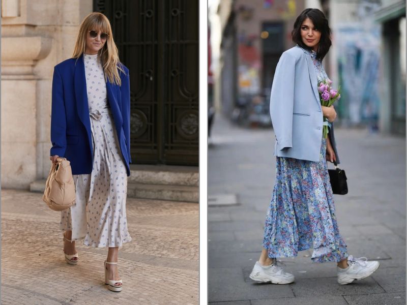Phối đầm maxi cùng áo blazer dáng rộng theo phong cách thanh lịch hiện đại