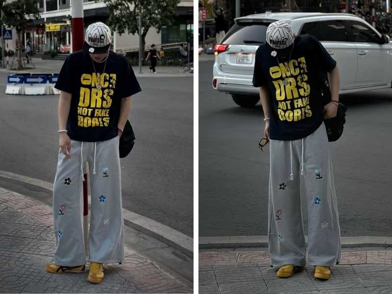 Áo thun nam màu đen phối với jogger xám