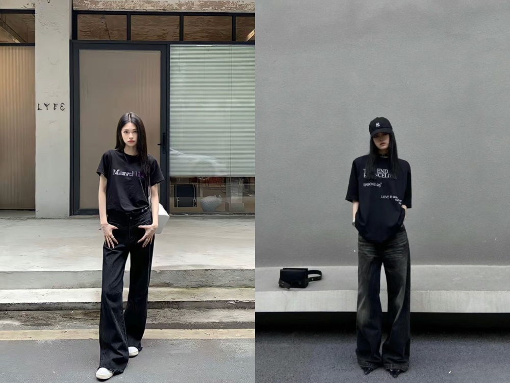 Phối đồ quần jean ống suông nữ với áo thun đen