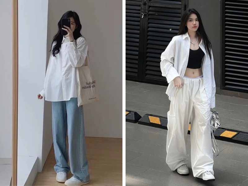 áo sơ mi trắng oversize và quần ống rộng