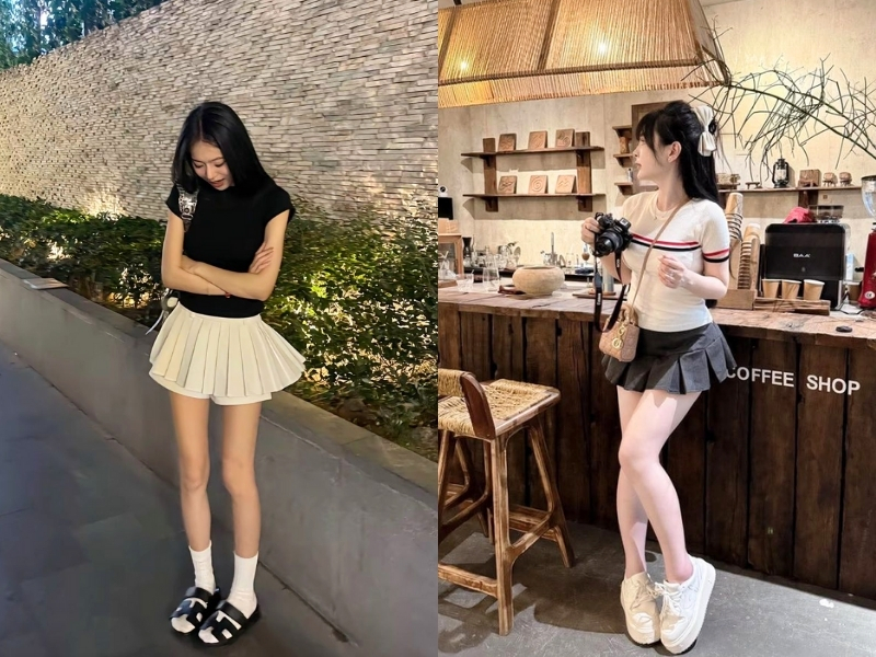 Phối váy xoè ngắn với áo thun baby tee