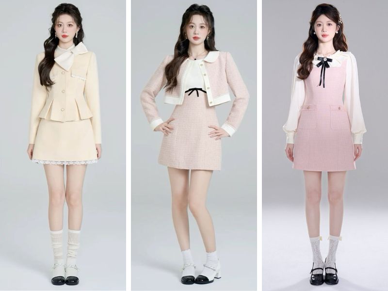 Gợi ý outfit Tết cho nữ với set váy tweed