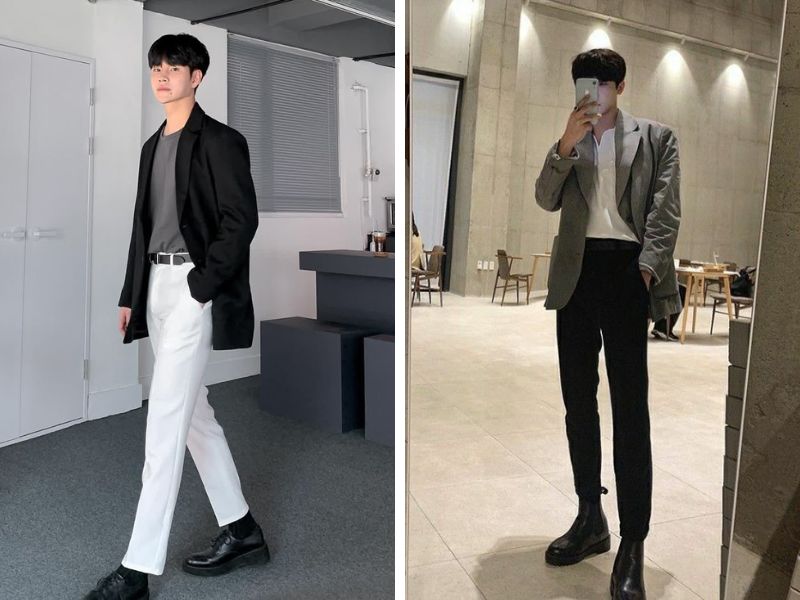 áo blazer đen quần trắng và blazer nâu quần đen