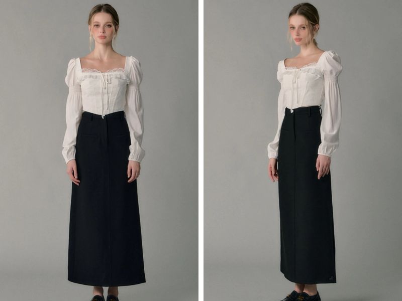 Cách phối chân váy suông dài với áo cổ vuông