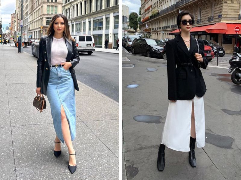 blazer oversize và chân váy xẻ tà