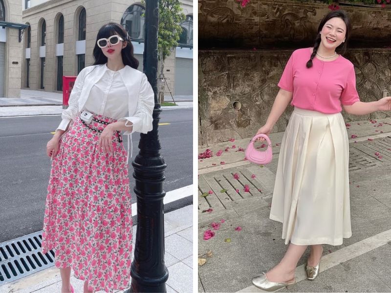 áo sơ mi cổ tròn và chân váy dáng dài