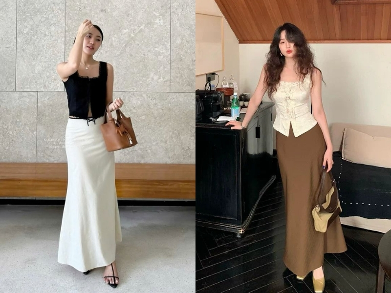  Chân váy lụa satin và áo hai dây