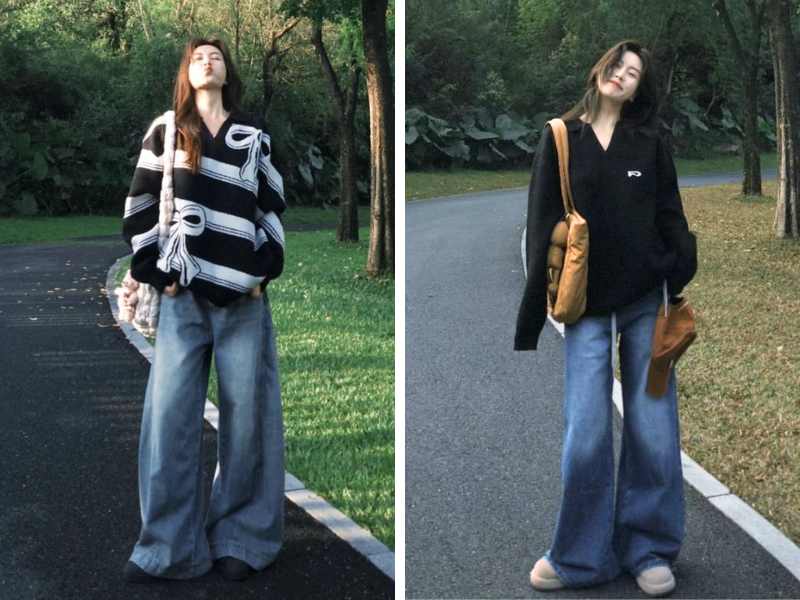 Quần bò ống rộng mix với áo sweater