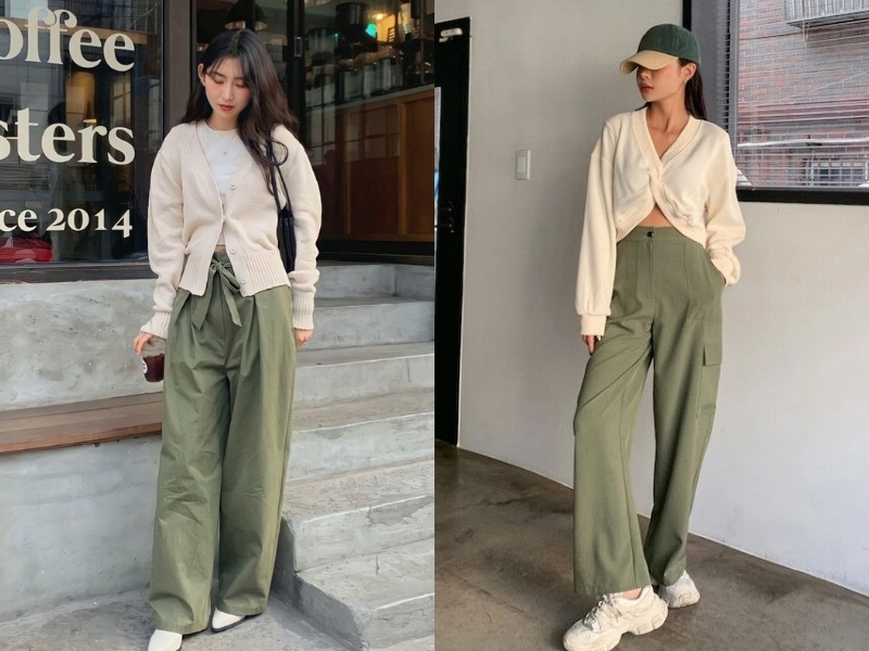 Áo màu kem phối quần xanh olive