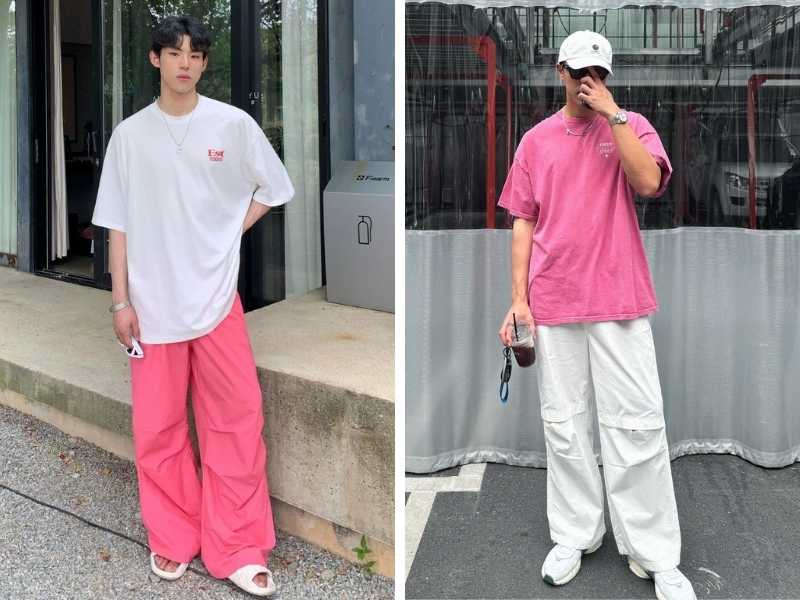 Phối outfit tone hồng và trắng cho nam