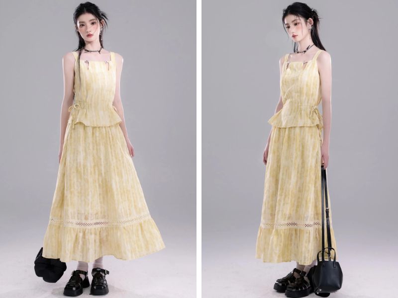 Cách mix chân váy suông dài với áo peplum