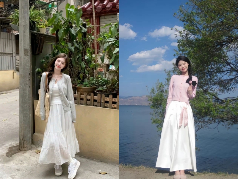 Chân váy dài phối áo cardigan nhẹ nhàng
