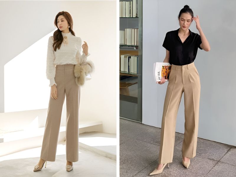 Phối quần ống suông và giày mũi nhọn công sở