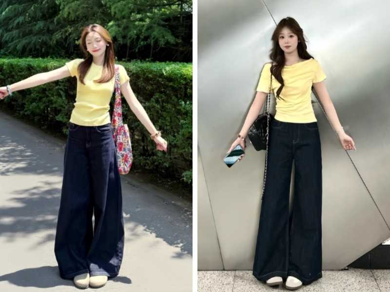 Phối áo thun vàng với quần ống rộng đen