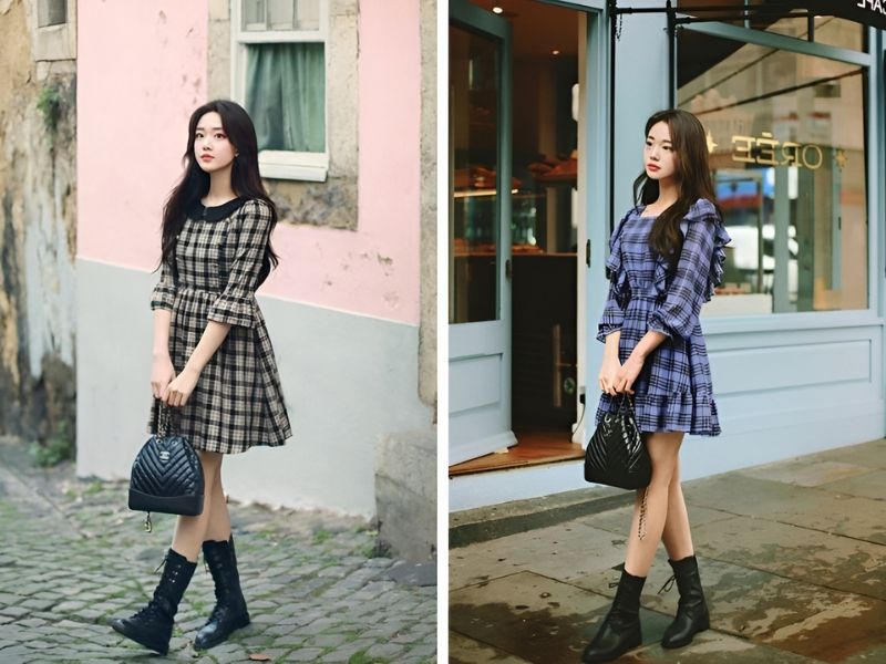 Phối boot đen và váy caro 