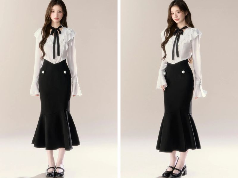 Cách mix chân váy dài với áo sơ mi