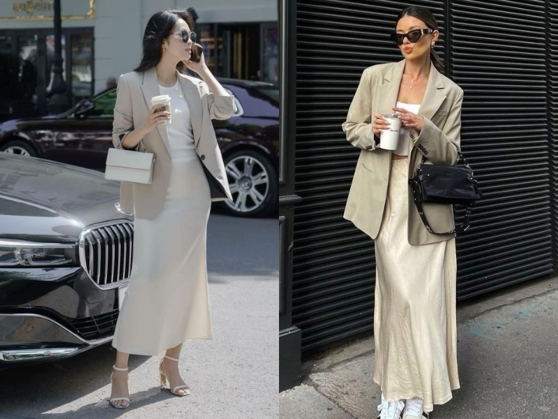 Outfit áo blazer và chân váy lụa