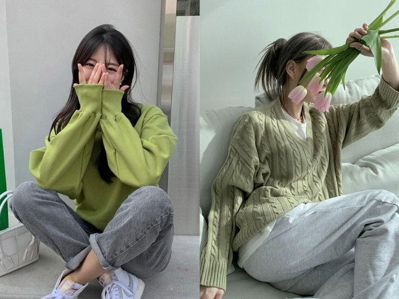 Áo xanh rêu mặc với quần xám