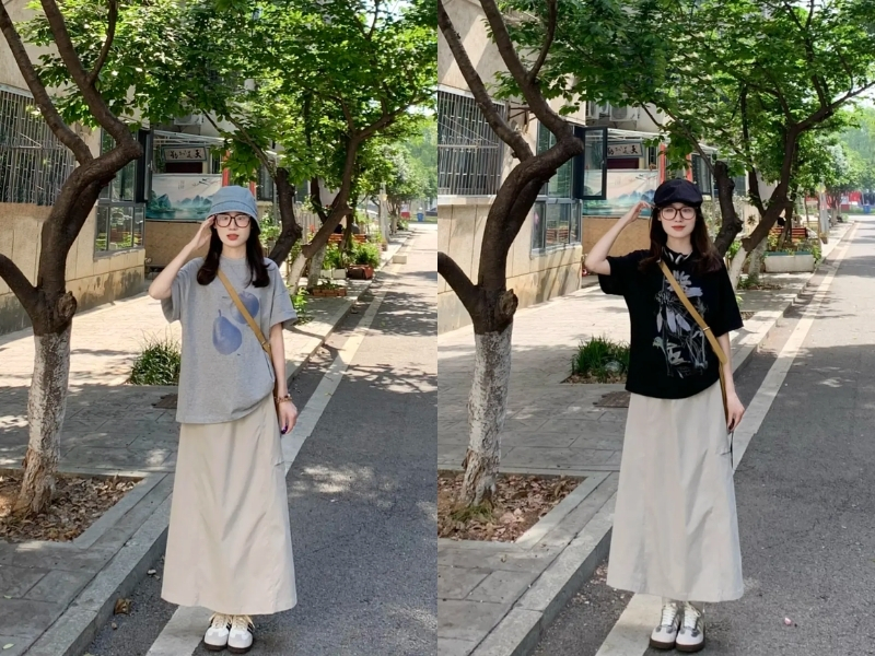 Chân váy chữ A dáng dài phối với áo thun phom rộng