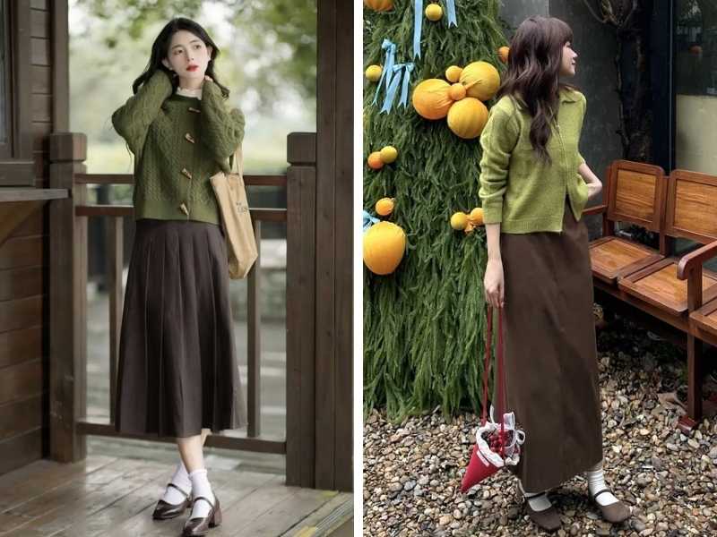 Phối đồ màu xanh rêu và nâu cho nữ