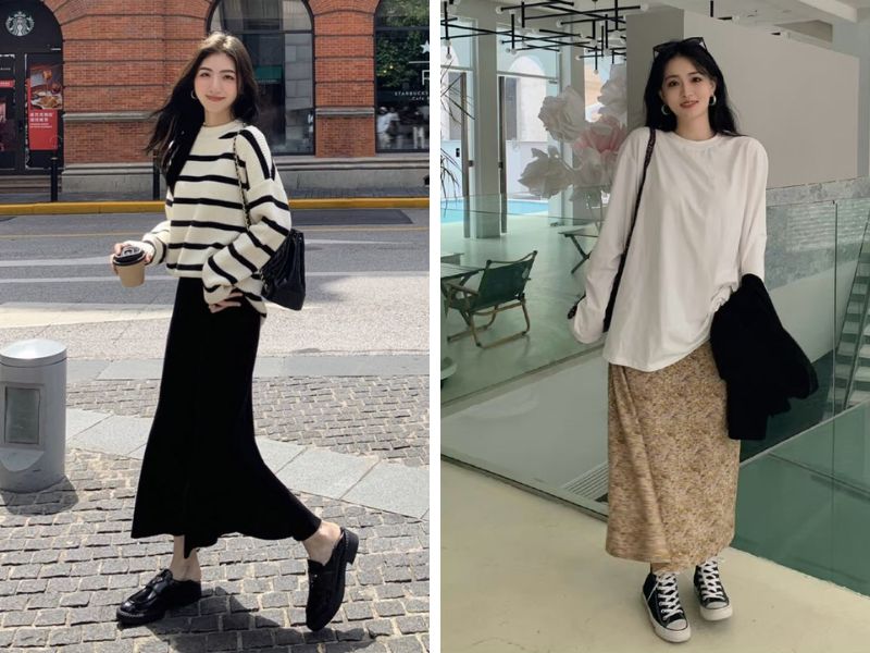 áo tay dài với chân váy dài cùng giày loafer hoặc sneaker