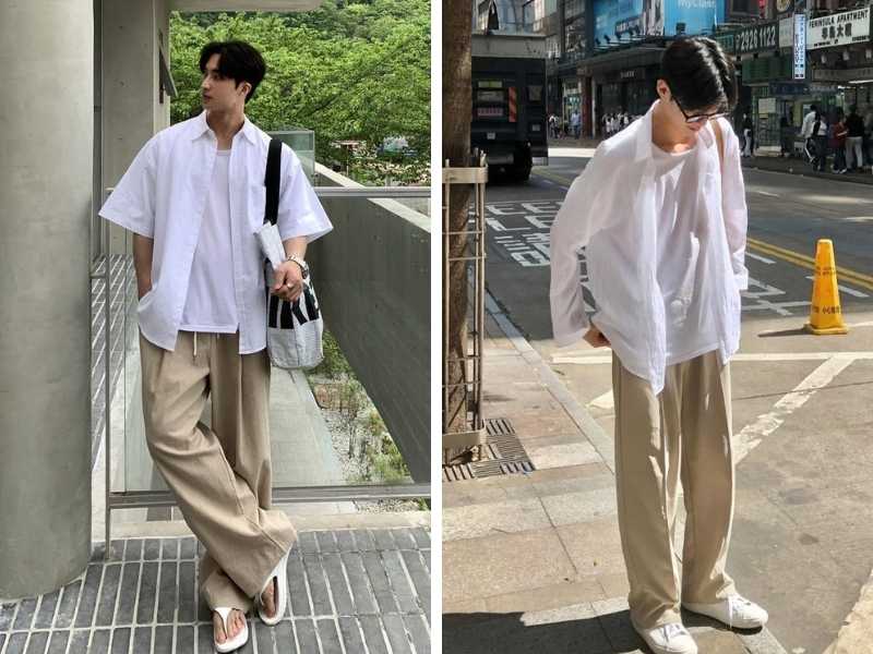 Phối quần tây nam màu be với sơ mi trắng