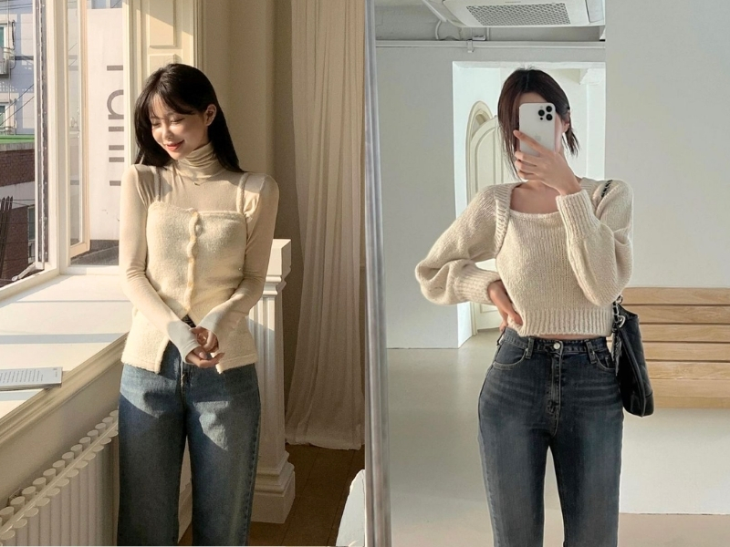 Áo màu kem phối quần jeans xanh đậm