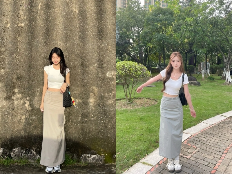 Phối chân váy chữ A dáng dài với áo croptop
