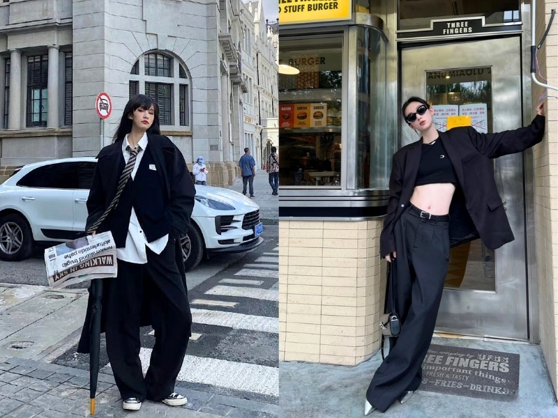 Phối đồ với quần ống suông đen và áo blazer