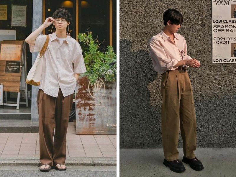 áo sơ mi vintage với quần kaki