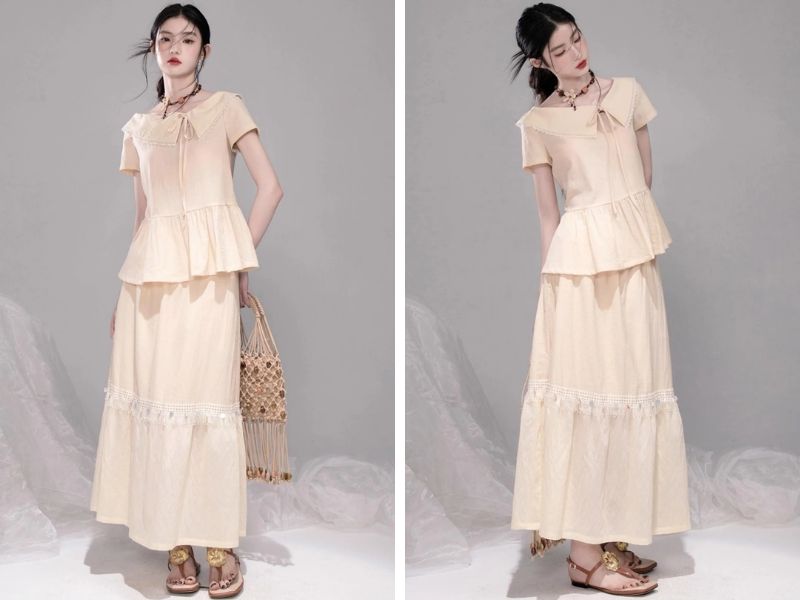 Cách phối chân váy suông dài với áo peplum