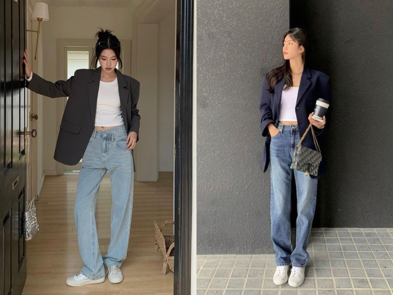 Phối sneaker và quần jean ống rộng