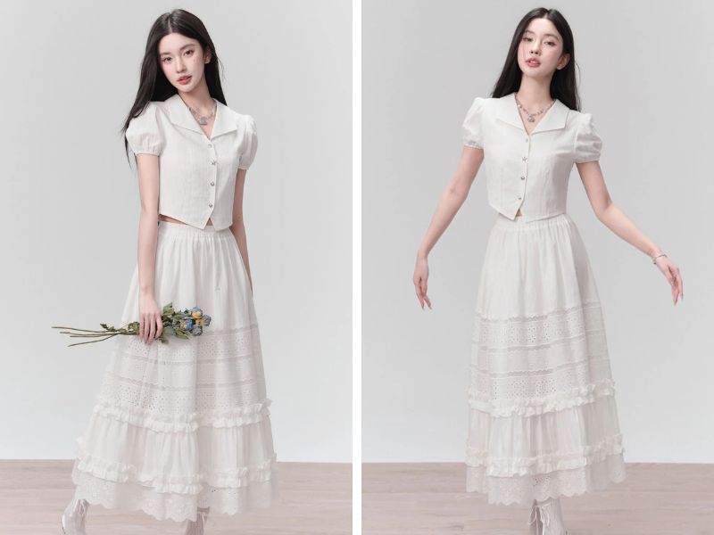 Cách mix chân váy suông dài với sơ mi croptop