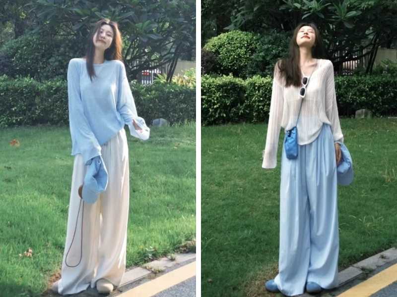 Phối outfit tone xanh dương và trắng cho nữ
