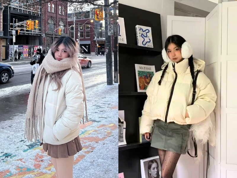 Áo phao dáng lửng phối váy nữ tính.