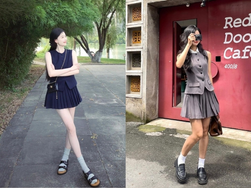 Phối chân váy ngắn xoè với áo hai dây