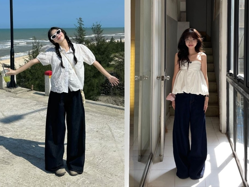 Quần ống suông đen phối áo kiểu nữ tính