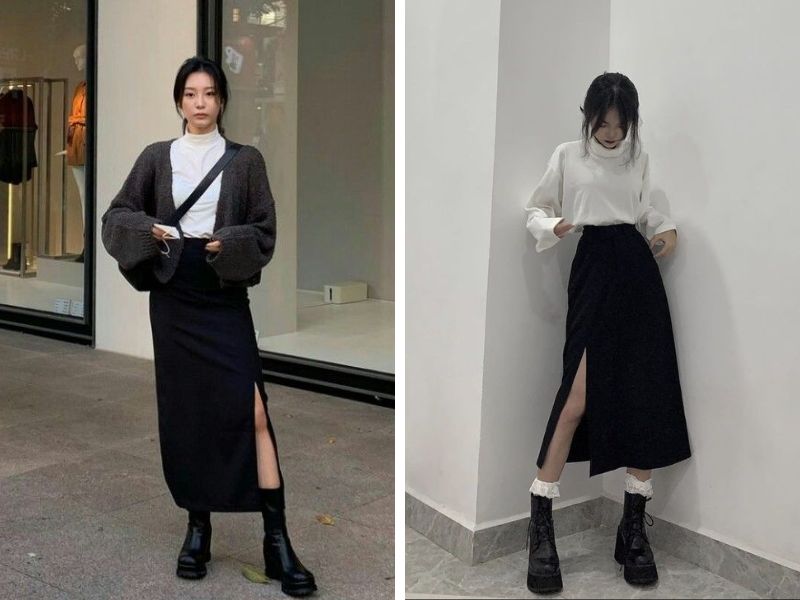 áo sweater và chân váy midi với boot cổ cao