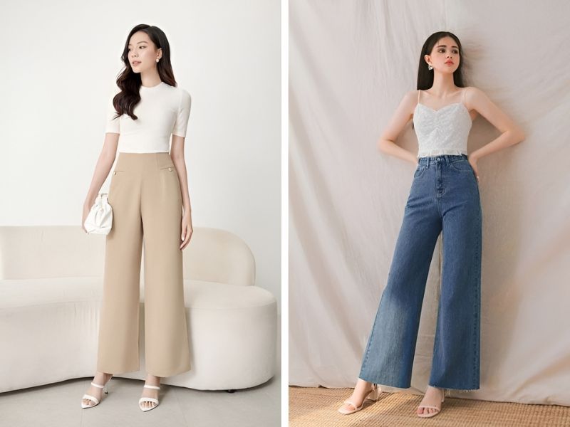 Phối sandal cao gót và quần ống rộng