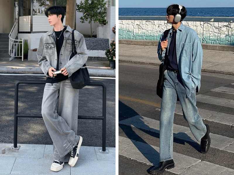 Quần jean ống rộng phối với áo khoác jean
