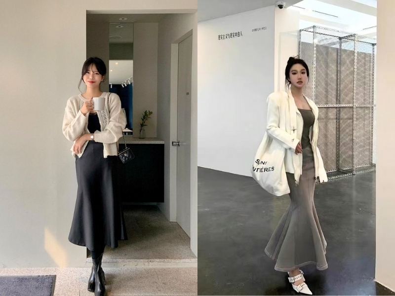 Phối chân váy đuôi cá dài với cardigan