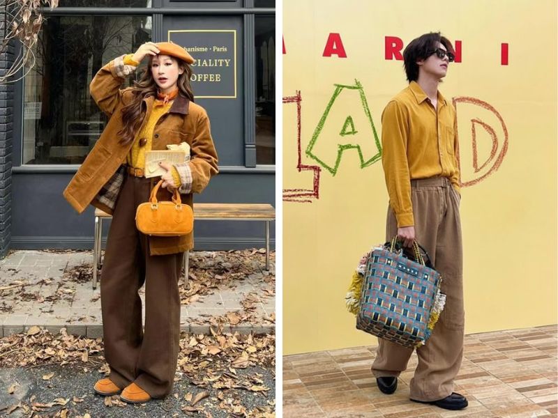 quần màu nâu đậm và áo vàng mù tạt vintage