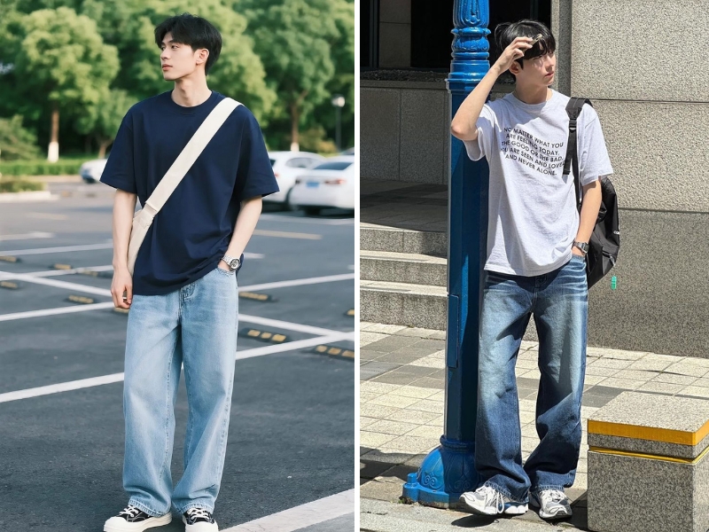 Áo thun basic kết hợp quần jeans ống suông