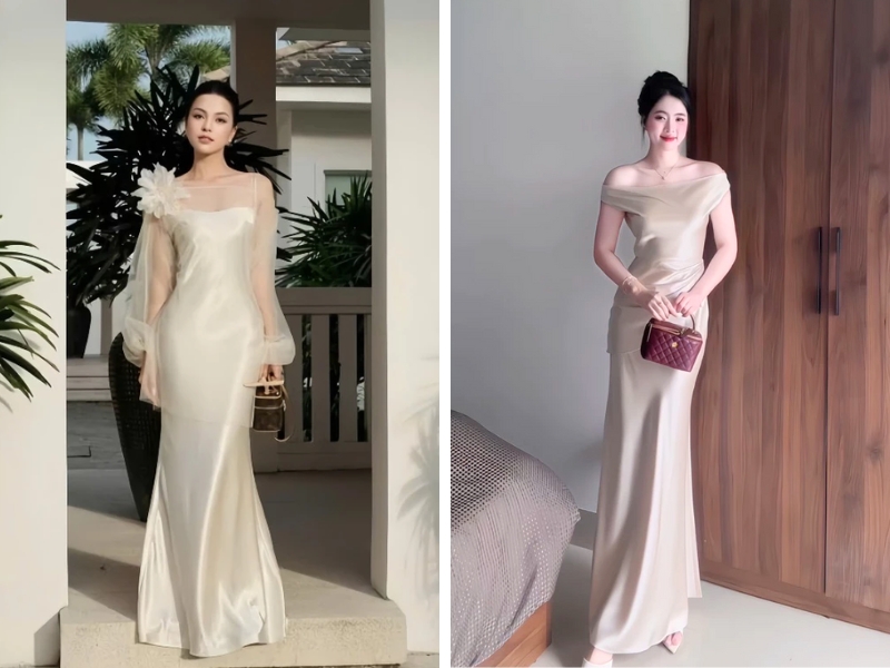 Phối đồ với đầm lụa đuôi cá đi tiệc sang trọng