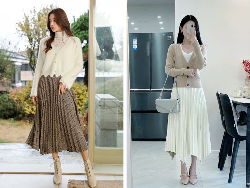cardigan cổ chữ v và chân váy dài xếp ly